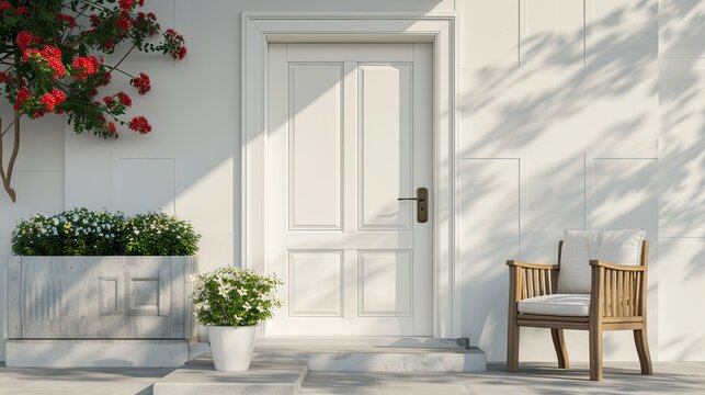 A bright white front door surrounded by flowers and other potted plants and an armchair or bench in front, in a modern, minimalist style. Beautiful entrance to the house.