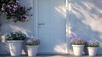 the details of the white front door and flower pots while creating a blurred background. This technique adds depth and draws attention to the main subjects, enhancing realism.