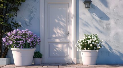 the details of the white front door and flower pots while creating a blurred background. This technique adds depth and draws attention to the main subjects, enhancing realism.