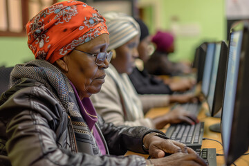Senior woman learning computer skills in class