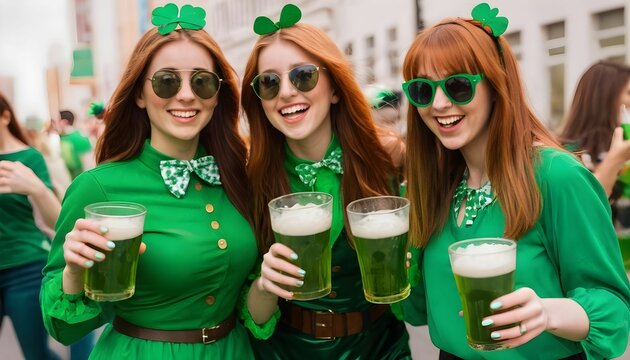 Redhead female friends having fun, wearing green costumes and celebrating St. Patrick's Day festival created with generative ai	