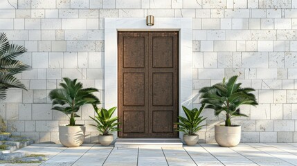 Close-up of the wooden front door of a white house, flanked by potted flowers and other plants, in a modern minimalist style. Beautiful entrance to the house.