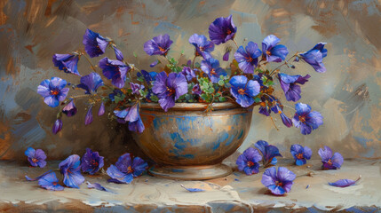 Obraz na płótnie Canvas a painting of purple flowers in a gold vase on a table with a blue and white wall in the background.