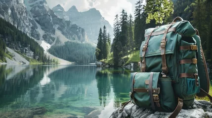 Foto op Aluminium tourist backpack against the backdrop of a mountain landscape and lake. The landscape complements the traveler's personal belongings, such as a map, shoes, laptop, bottle. © Светлана Канунникова