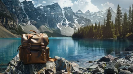 Foto op Canvas tourist backpack against the backdrop of a mountain landscape and lake. The landscape complements the traveler's personal belongings, such as a map, shoes, laptop, bottle. © Светлана Канунникова