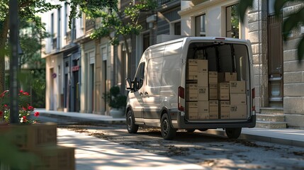 the courier driver inside a cargo van loaded with packages, replicating a typical delivery scenario. Ensure the van's interior and exterior match the environment of a delivery route