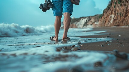 the man to walk naturally along the beach while holding the camera, capturing candid moments that reflect genuine enjoyment and relaxation.