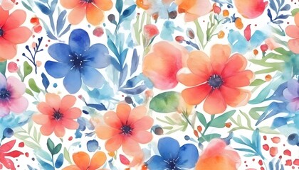 Seamless watercolor flower pattern with colorful flowers on a white background
