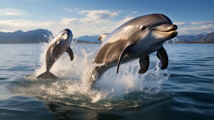 Joyful Pod Playful Group of Dolphins Leaping and Playing - obrazy, fototapety, plakaty