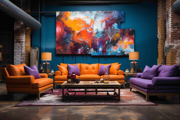 Visualize an artistic space with a simple brick wall painted in vibrant, eclectic colors....