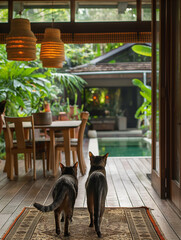 Two cats walk towards the pet drinking pool, simple villa decoration style, living room, carpet, EOS R6 Mark II, long lens, panorama - obrazy, fototapety, plakaty