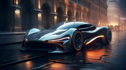Futuristic Super Sports Concept Car on the Street