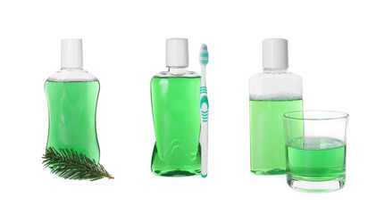 Fresh mouthwashes and toothbrush isolated on white, set