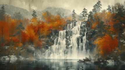 a painting of a waterfall with trees in the foreground and a body of water in the middle of the picture.