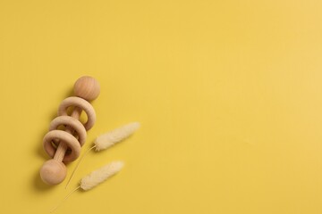Baby accessory. Wooden rattle and dry spikes on yellow background, top view. Space for text