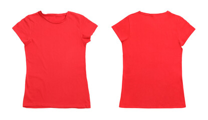 Red t-shirt with space for design isolated on white. Back and front views