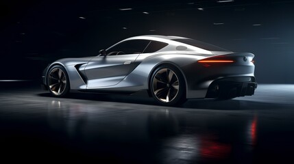 Grey Fast Sports Car in Spotlight on Black Background