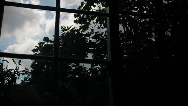 Moving clouds in blue sky time laps over trees through house window view