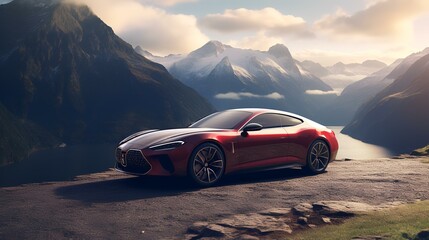 Fototapeta na wymiar Luxury Car Parked on a Mountain: 3D Render and Real Photo Composite