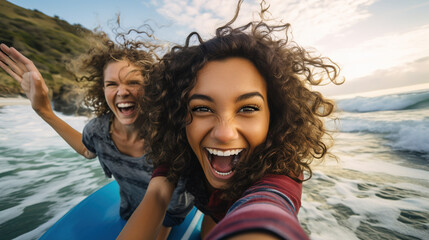 Laughing happy curly teenage girls on surfboard taking selfie with fisheye lens among waves in ocean on sunny summer day, sporty zoomer lifestyle, Generated AI - Powered by Adobe