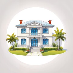 Fototapeta premium circular image of a two-story house with a blue roof, blue doors and windows, and a small front porch. The house is surrounded by palm trees and greenery.