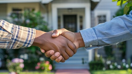 Finalizing Property Purchase: Real Estate Agent and Client Shaking Hands in Front of New Home