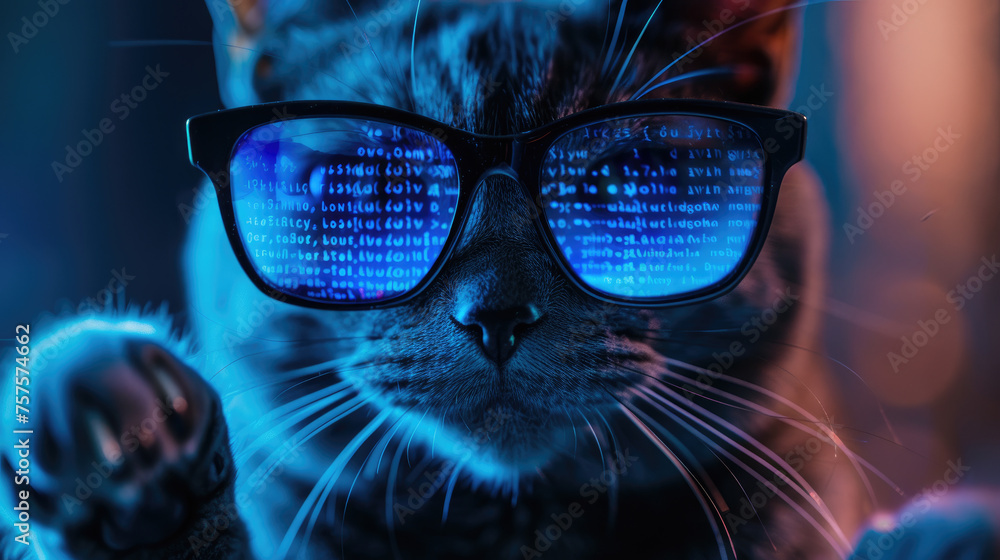 Poster funny hacker cat works at computer in dark room, cyber data reflected in glasses. concept of spy, ra