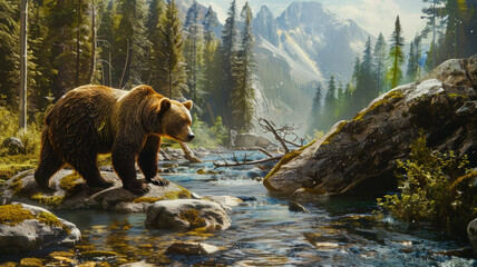 Wild brown bear hunting for salmon in mountain river in summer, grizzly animal in water on green trees background. Concept of wildlife, fish, food, - Powered by Adobe