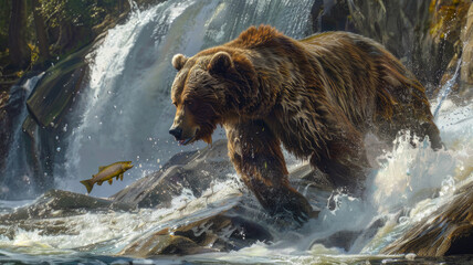 Brown bear hunting for salmon in mountain river in summer, wild grizzly animal in water on waterfall background. Concept of wildlife, fish, food, forest, nature - obrazy, fototapety, plakaty