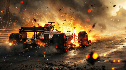 Racing car burns on track, sports vehicle drives in fire and smoke. Accident with flame and sparks...