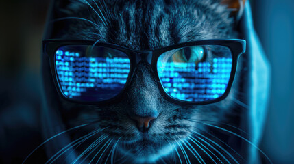 Funny hacker cat works at computer in dark room, cyber data reflected in glasses. Concept of...