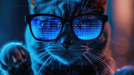 Funny hacker cat works at computer in dark room, cyber data reflected in glasses. Concept of spy,...