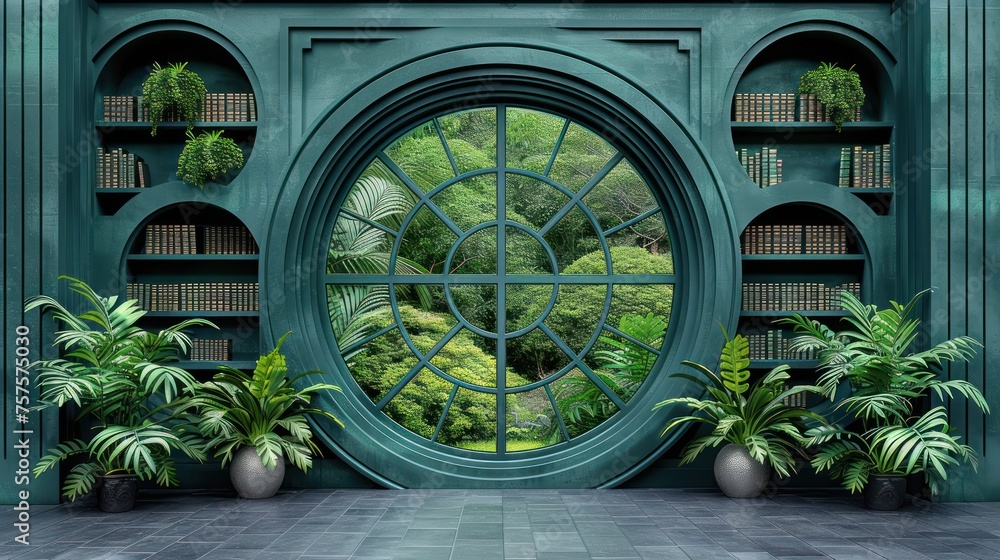 Poster a green room with a circular window and potted plants on either side of the window is a bookshelf wi