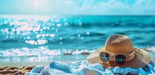 Sunglasses, towel and beach hat on the blurred background of sea in sunny day. travel concept. banner with copy space area Generative AI - obrazy, fototapety, plakaty