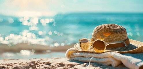 Sunglasses, towel and beach hat on the blurred background of sea in sunny day. travel concept. banner with copy space area  Generative AI - obrazy, fototapety, plakaty