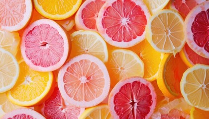 Juicy pink and orange with lemon circle slices texture citruses background. Bright and juicy. Flat lay of sliced citrus fruits. - obrazy, fototapety, plakaty
