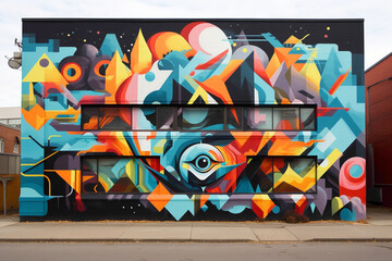 Marvel at the fusion of colors and shapes in a breathtaking street art mural on a city wall.