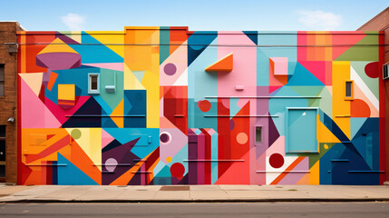 Marvel at the fusion of colors and shapes in a vibrant city wall mural.