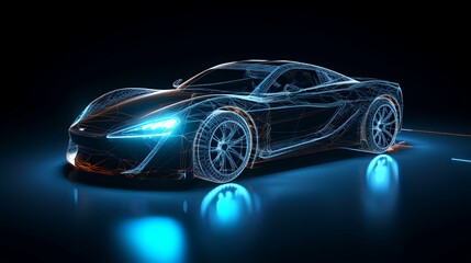 Wireframe of Sports Car in Dark Environment 3D

