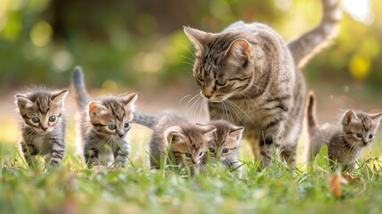 Mother Cat Leading Her Kittens Through a Sunny Garden in the Afternoon