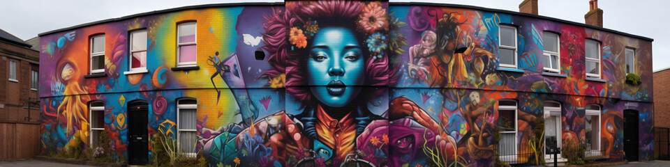 Lose yourself in the vibrant world of a bold street art mural painted on a city wall.