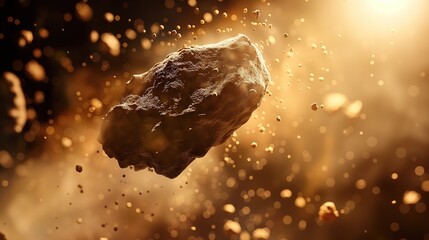 Levitating Rock Amidst Sparkling Dust Particles in a Golden Beam of Light - obrazy, fototapety, plakaty