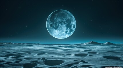 Full Moon Over a Cratered Lunar Landscape at Night With a Starry Sky