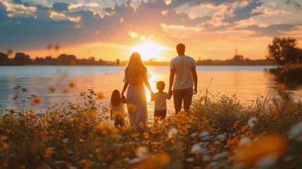 Family Walking by Water at Sunset