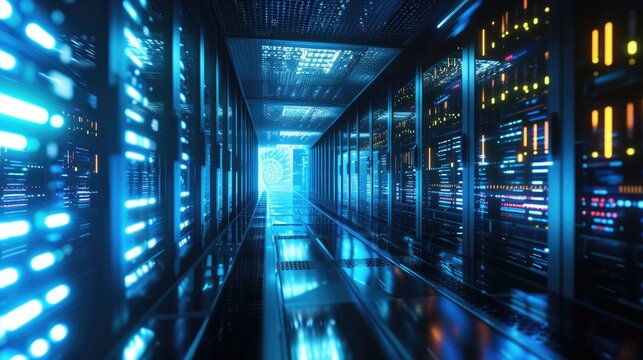 A parallel row of servers, adorned in electric blue, fills a technology-driven data center hallway with a symmetrical display of power and Azure technology. AIG41