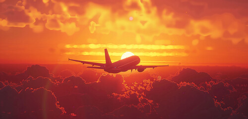 Airliner gracefully climbing in the warm hues of a sunrise, with the silhouette against a colorful sky, epitomizing the beauty of departure. - obrazy, fototapety, plakaty
