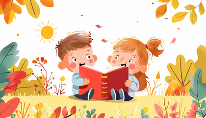 Happy little boy and girl reading a book together. Cute cartoon character illustration, children's storybook scene.