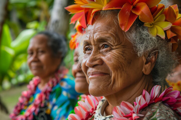 Joyful senior women with vibrant flower leis and headdresses in a tropical setting