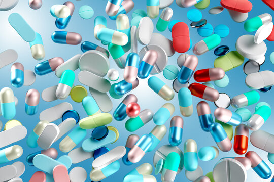 Assorted Pharmaceutical Capsules and Pills in a Colorful Medical Background 3d image