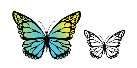 Obraz premium Funny colorful butterfly. Color flat vector set of detailed butterflies. Cute characters. Card, postcards for kids. Silhouette icon